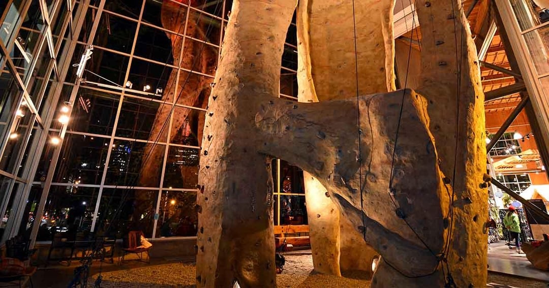 REIs 65-foot Pinnacle climbing wall in its flagship Seattle store.
